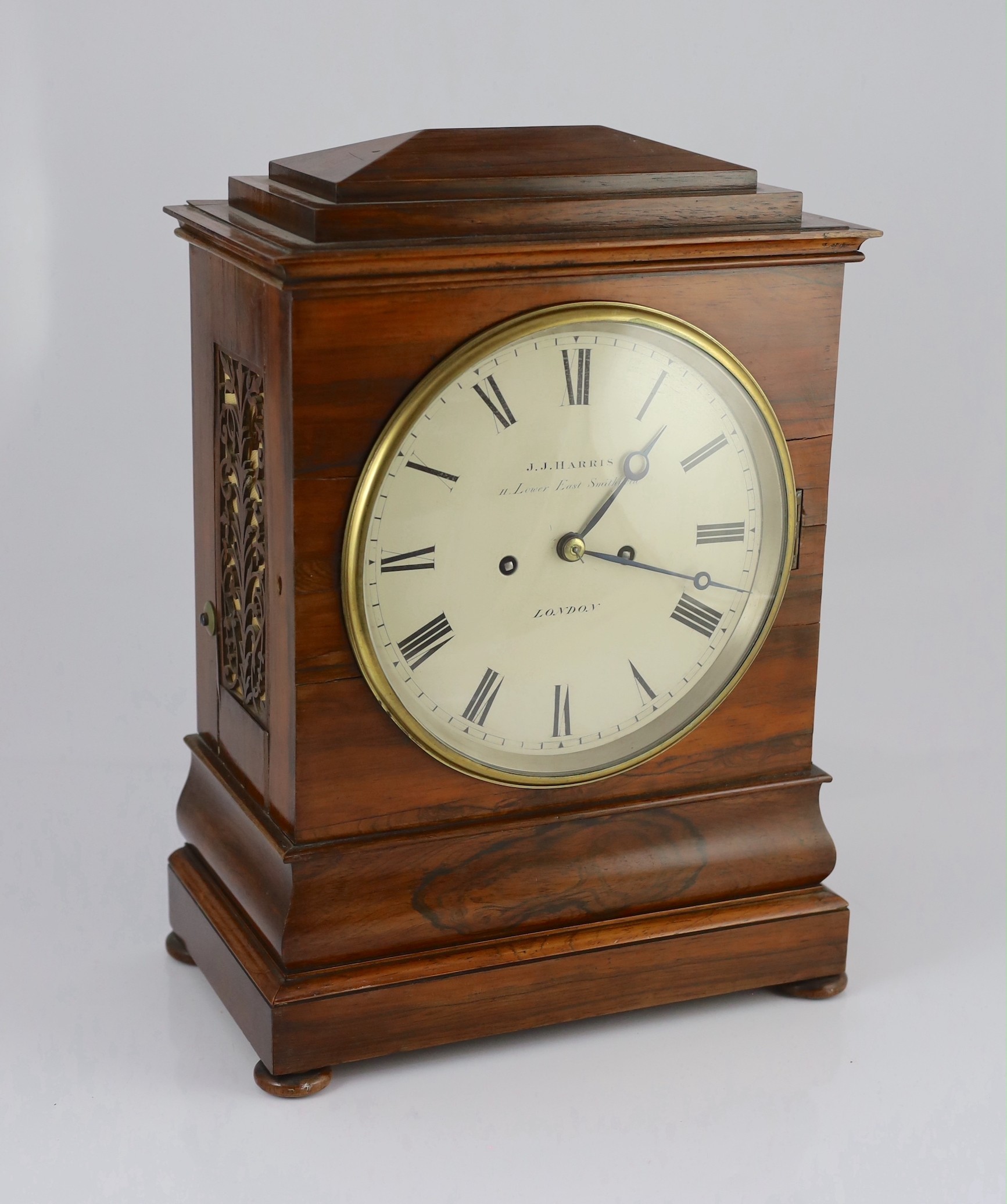 J.J. Harris of London. A Victorian rosewood hour repeating bracket clock, 30cm wide, 17cm deep, 42cm high